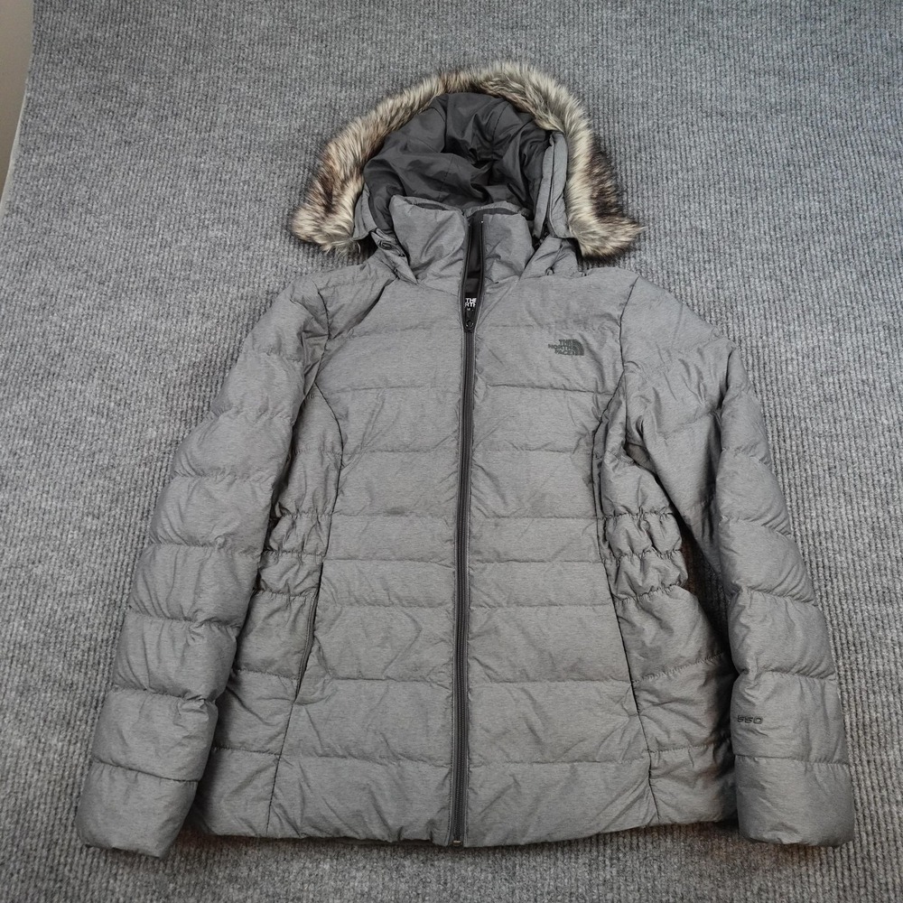 The North Face Jacket Womens Large Gray 550 Down Puffer Hooded Faux Fur Trim Zip